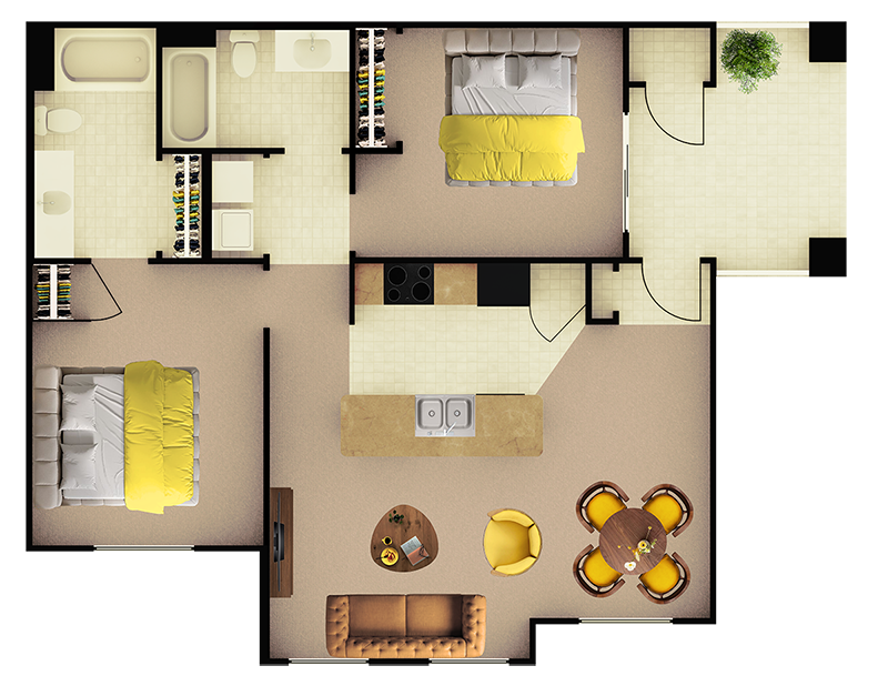 Floor plan for 2 beds, 2 baths, 1097 sqft